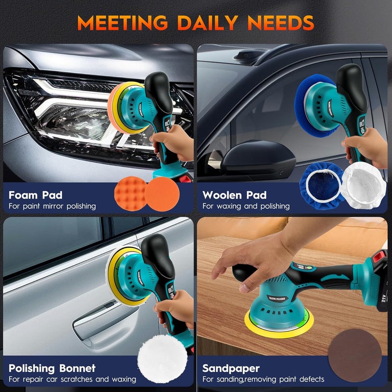 Ofeace Cordless Car Buffer Polisher Kit with 2x21V Batteries, 6 Inch Car Polisher with 8 Variable Speed Max 6000RPM & 21 PCS Attachments, Buffer Polisher for Car Detailing, Sanding, Scratch Removing - Image 5